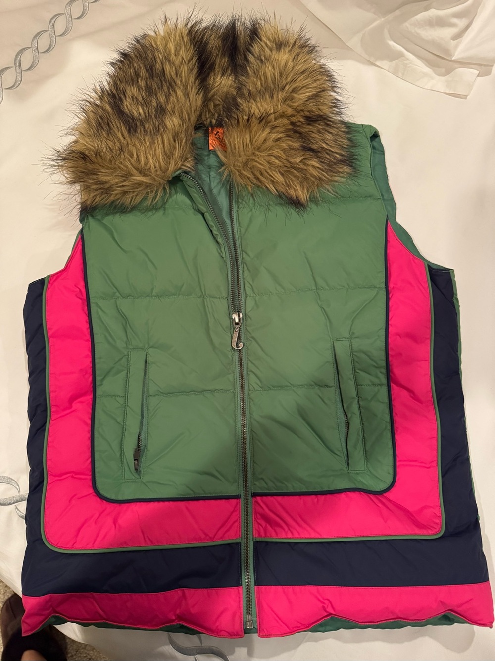Juicy Couture Orange Label Puffer Vest with Brown Faux Fur Trim